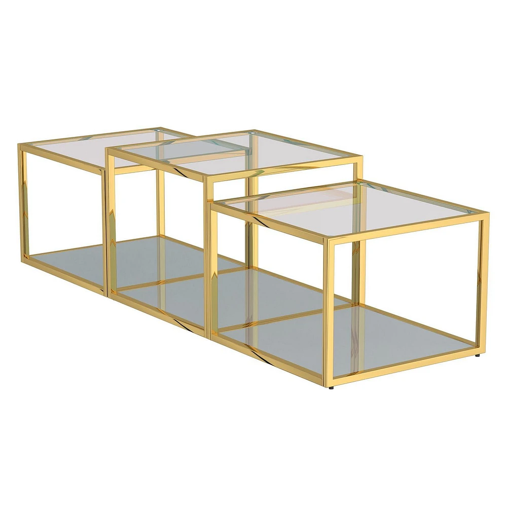 Contemporary Metal and Glass Multi-Tier Coffee Table Set of 3 - Gold