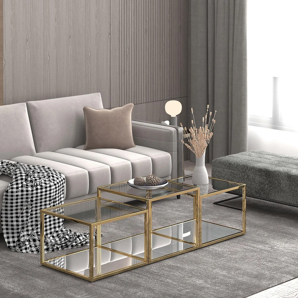 Contemporary Metal and Glass Multi-Tier Coffee Table Set of 3 - Gold