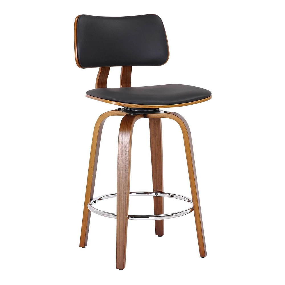 Mid-Century Faux Leather and Wood 26" Counter Stool with Swivel - Black and Walnut