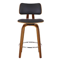 Mid-Century Faux Leather and Wood 26" Counter Stool with Swivel - Black and Walnut