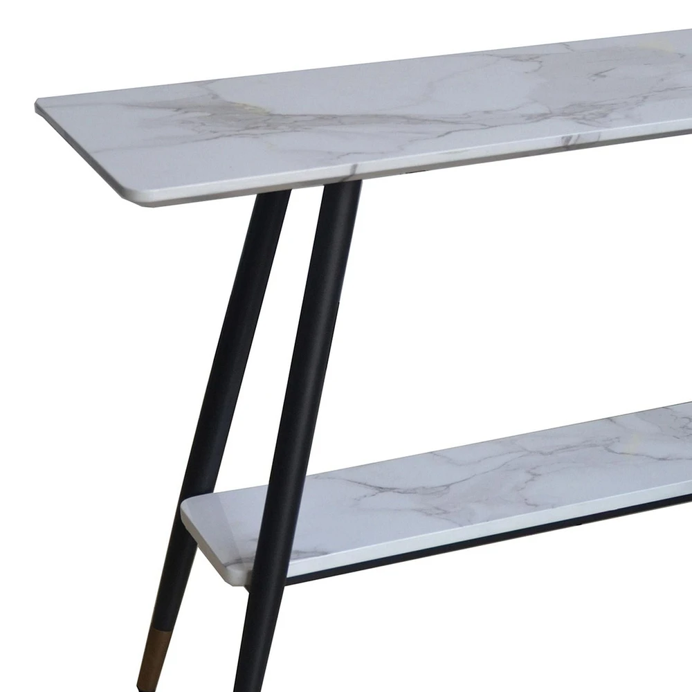 Modern MDF and Metal 2-tier Console Table - White Faux Marble and Black