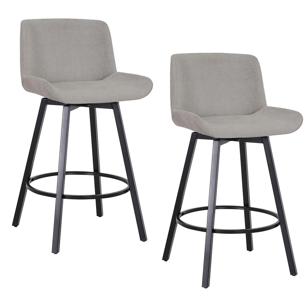 Modern Fabric and Metal 26" Counter Stool with Swivel, Set of 2 - Grey and Black