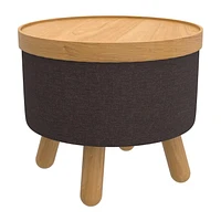 Mid-Century Modern Fabric and Wood Round Storage Ottoman with Tray - Charcoal and Natural