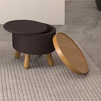 Mid-Century Modern Fabric and Wood Round Storage Ottoman with Tray - Charcoal and Natural