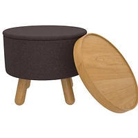 Mid-Century Modern Fabric and Wood Round Storage Ottoman with Tray - Charcoal and Natural