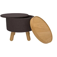 Mid-Century Modern Fabric and Wood Round Storage Ottoman with Tray - Charcoal and Natural