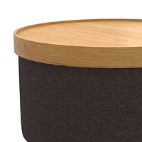 Mid-Century Modern Fabric and Wood Round Storage Ottoman with Tray - Charcoal and Natural