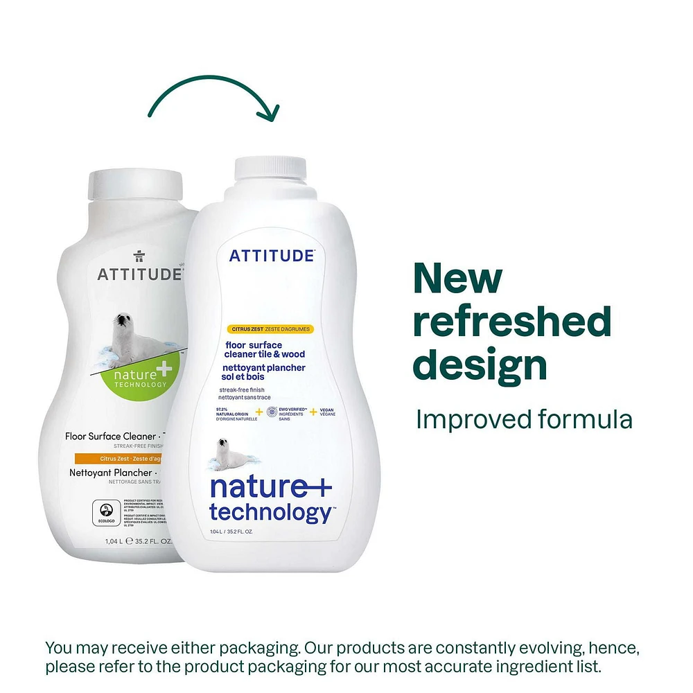 ATTITUDE nature+ technology, Nettoyant Plancher Sol et Bois, Zeste d'Agrumes 1.04L