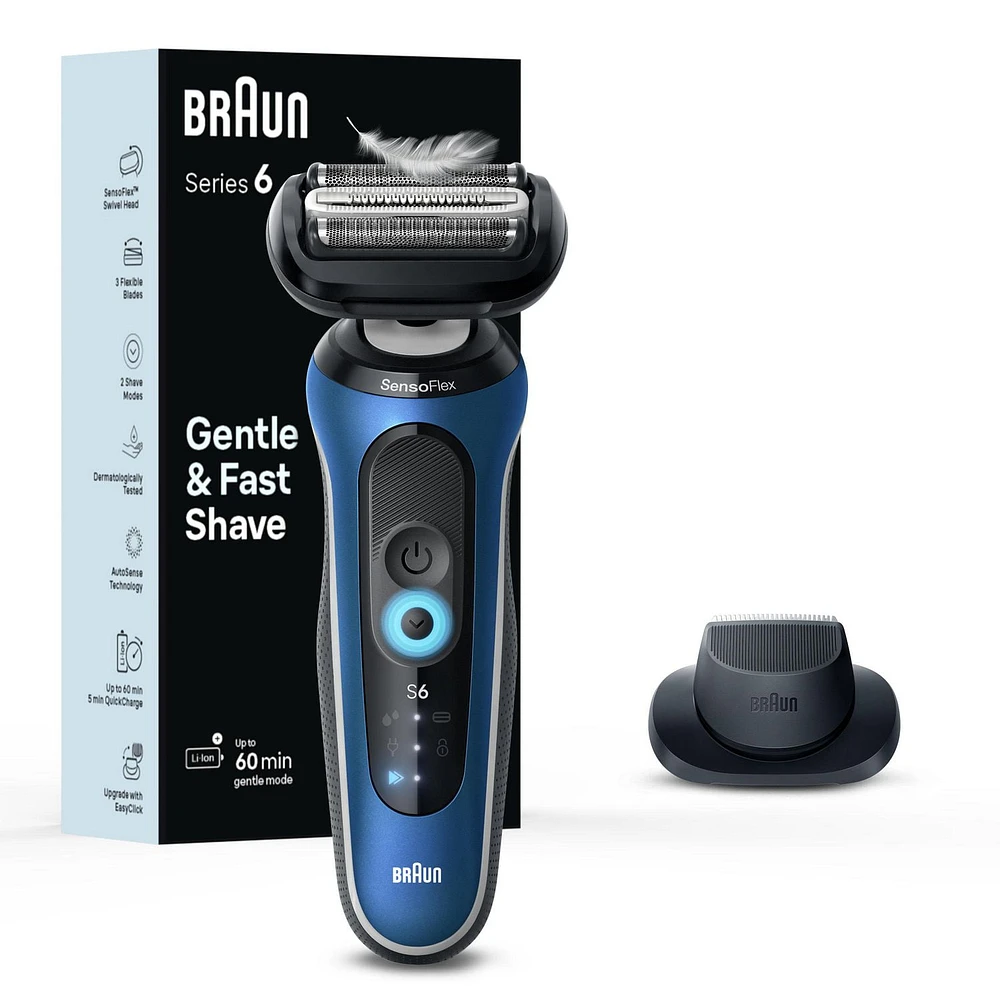 Braun Electric Shaver for Men, Series 6 6120s, Wet & Dry Shave, Turbo & Gentle Shaving Modes, Foil Shaver, Engineered in Germany, With Precision Trimmer & Pouch, Blue, 1CT