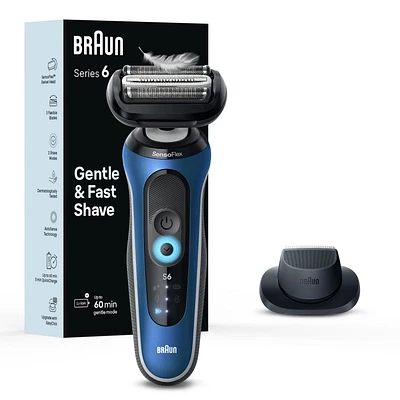 Rasoir électrique Braun pour hommes, Series 6 6120s, rasage sur peau sèche et mouillée, modes de rasage turbo et en douceur, rasoir à grille, conçu en Allemagne, avec tondeuse de précision et étui, bleu 1CT