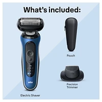 Braun Electric Shaver for Men, Series 6 6120s, Wet & Dry Shave, Turbo & Gentle Shaving Modes, Foil Shaver, Engineered in Germany, With Precision Trimmer & Pouch, Blue, 1CT