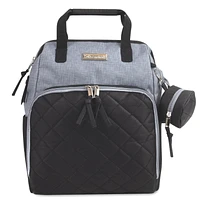 Baby Essentials Super Cooler Main Frame Dual Zipper Closure Diaper Bag Backpack Tote with Matching 6-Ply Changing Pad, Insulated Bottle Pockets, Stroller Straps and Pacifier Pouch in Grey & Black, 10 pockets