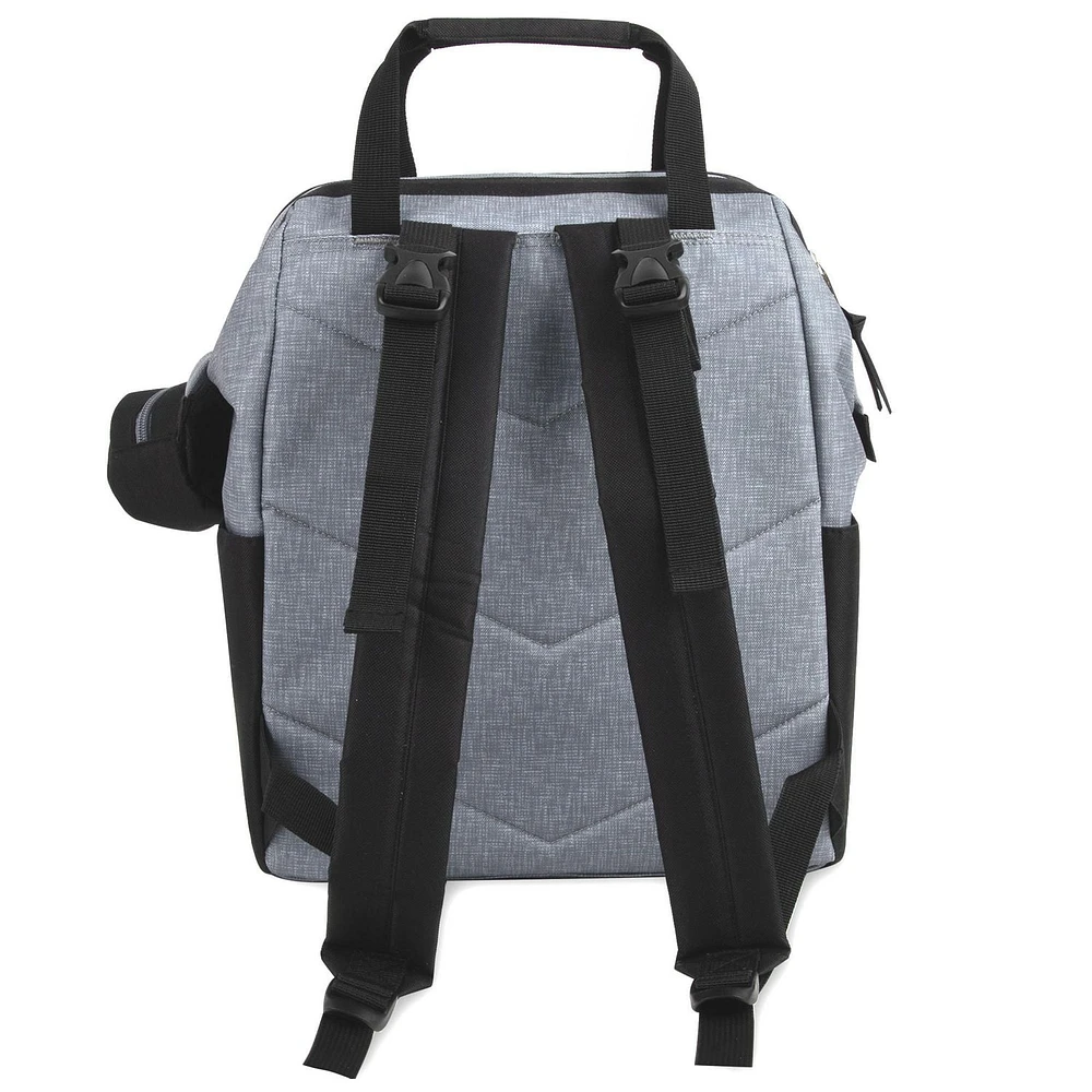 Baby Essentials Super Cooler Main Frame Dual Zipper Closure Diaper Bag Backpack Tote with Matching 6-Ply Changing Pad, Insulated Bottle Pockets, Stroller Straps and Pacifier Pouch in Grey & Black, 10 pockets