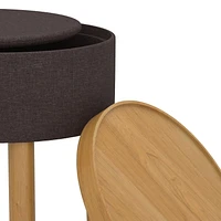 Mid-Century Modern Fabric and Wood Round Storage Ottoman with Tray - Charcoal and Natural