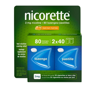 Pastilles Nicorette Fruit frais 2 mg, aide pour cesser de fumer, TRN, produits de remplacement de la nicotine, maîtrise des envies, saveur de fruit paquet de 80