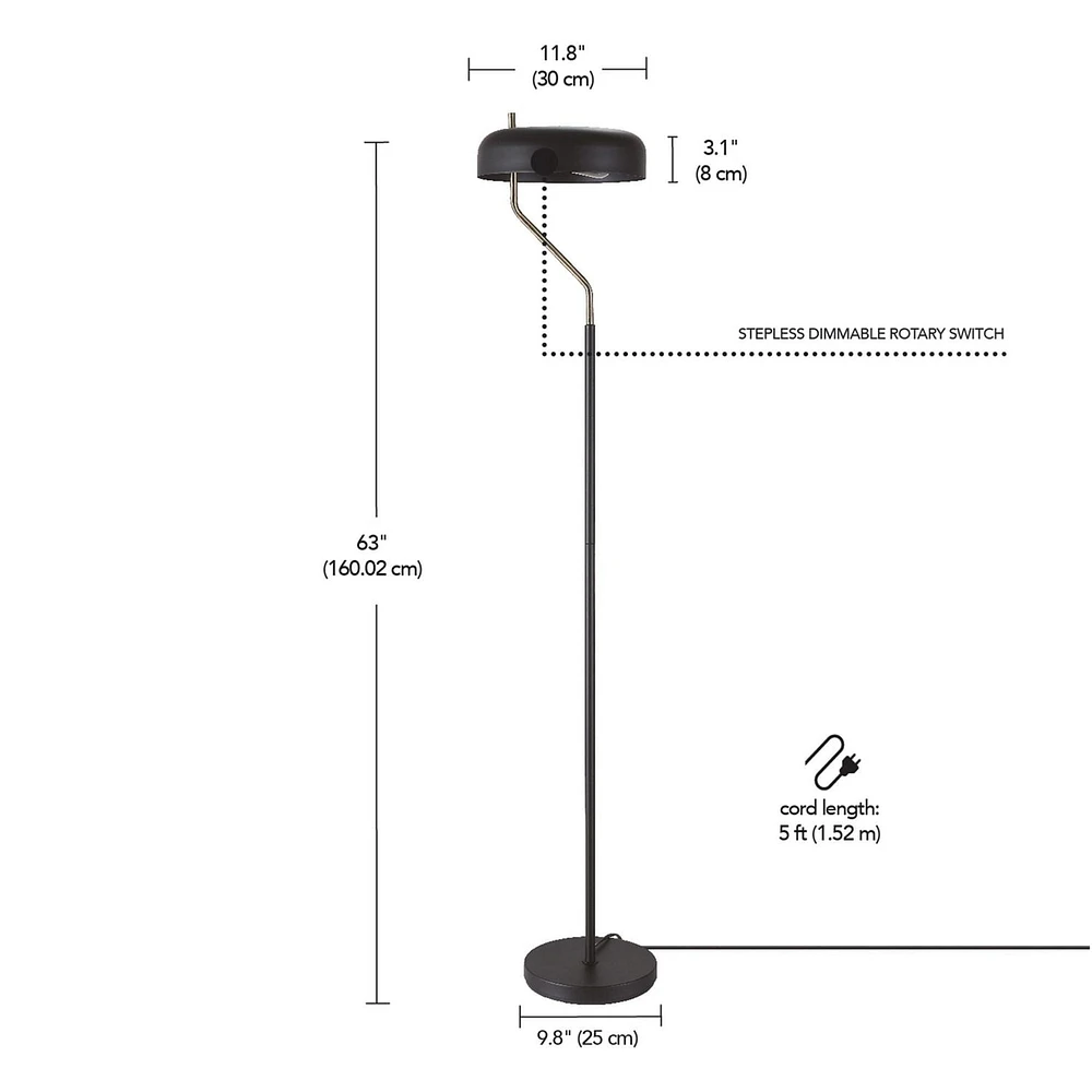 Powell 63" Floor Lamp, Matte Black, Antique Brass Accent, Stepless Rotary Dimmer Switch on Socket