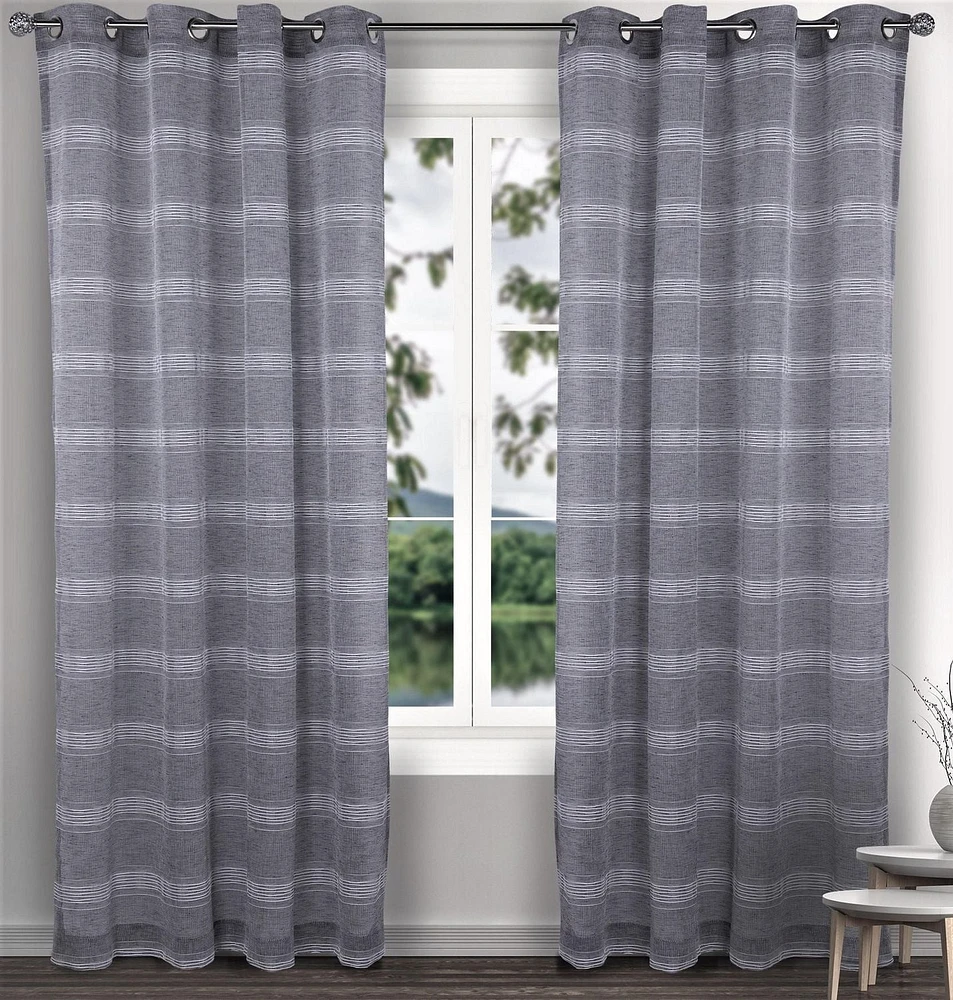 Caricia Home Erra Striped Faux Linen Semi Sheer Geometric Grommet Curtain Panel, 54 x 84, Dark Grey / Ivory