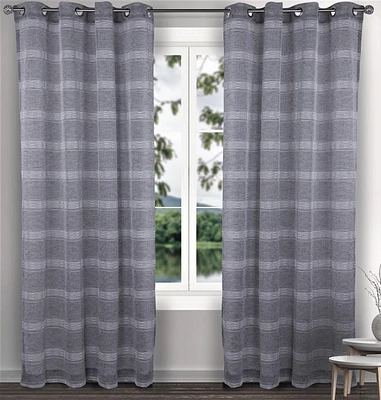 Caricia Home Erra Striped Faux Linen Semi Sheer Geometric Grommet Curtain Panel, 54 x 84, Dark Grey / Ivory