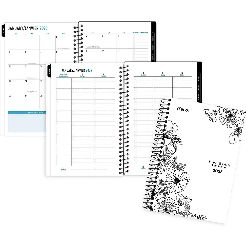 Five Star 12M Small Blk & Wht Floral Planner '25, Planner