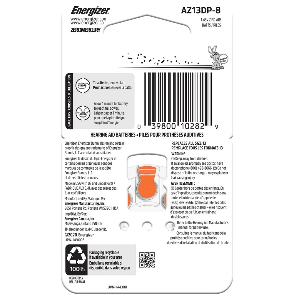 Energizer Ez Turn & Lock Size 13, 8-Pack, Orange, Pack of 8 batteries