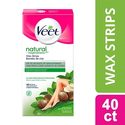 Veet Natural Inspiration Bandes de cire pour jambes et corps Tous types de peau, 40 unités+ 4 lingettes