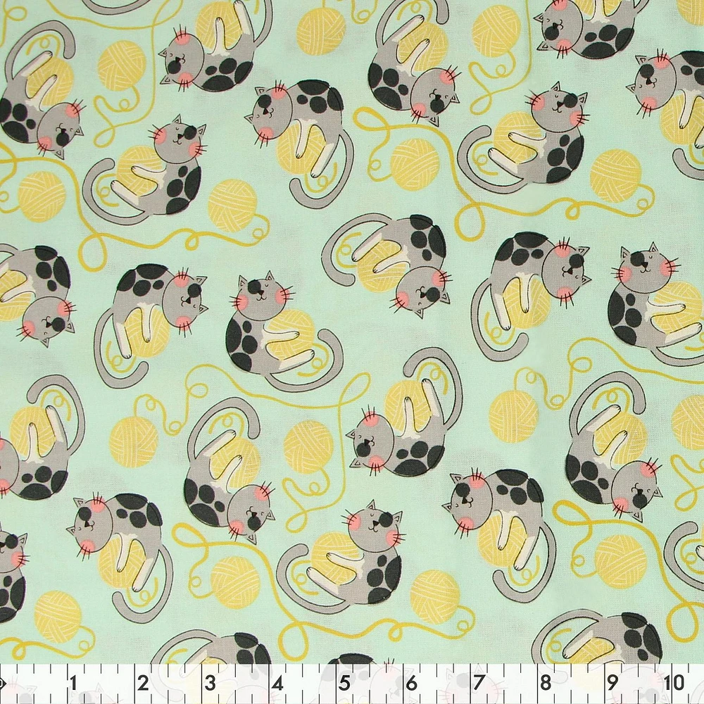 Fabric Creations Turq Cats On Yarn Balls Cotton Fabric by the Metre 107 cm (42")