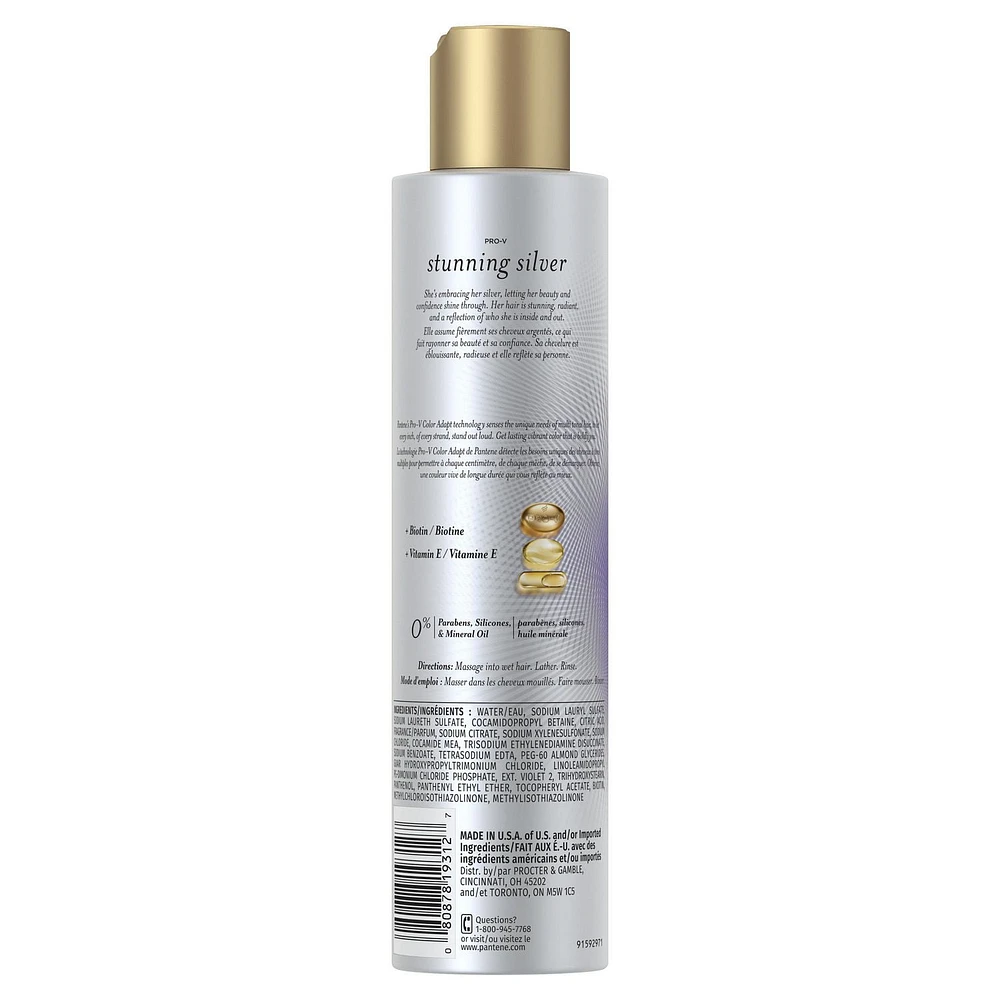 Shampooing violet illuminateur Pantene Stunning Silver pour les cheveux colorés gris et argent, sans parabènes 285 ml