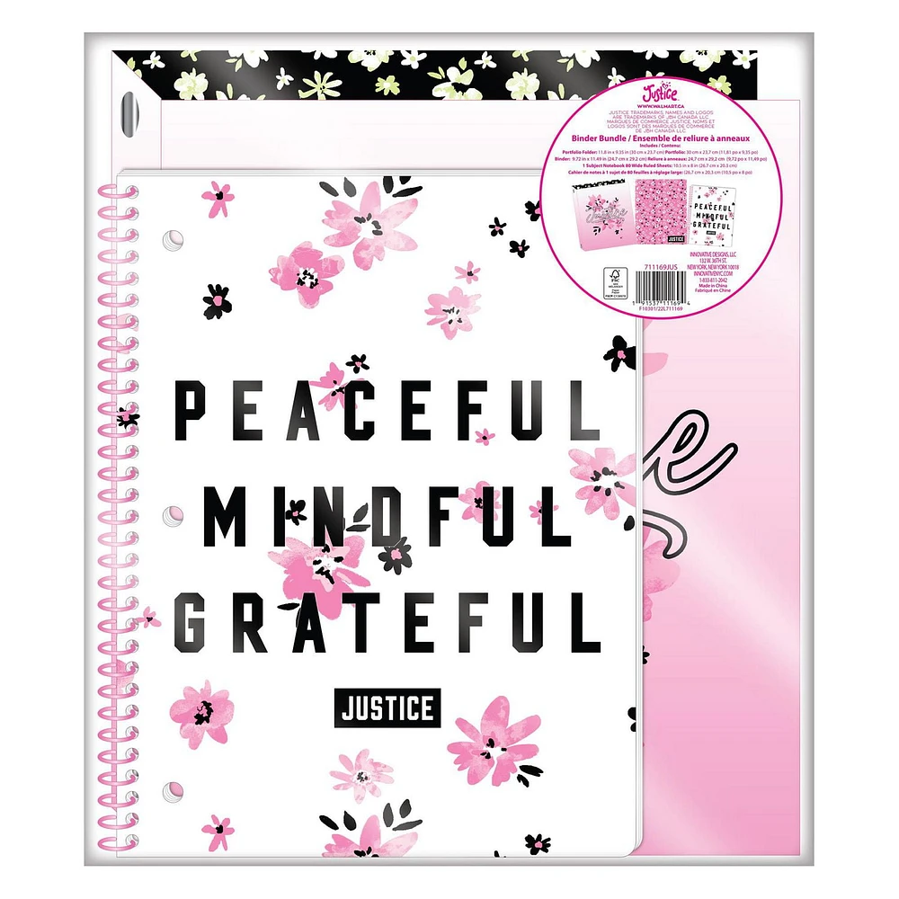 Justice Collection X Stationery Binder Bundle, Includes Binder, Spiral Notebook, and Folder, 3-Piece Set