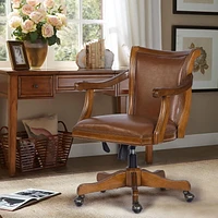 Homylin Home Furniture Deluxe Wood Bankers Desk Chair with Faux Leather Padded Seat and Back, Adjustable Height, Swivel Seat and Rolling Wheels, Brown