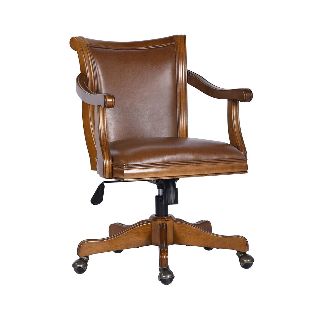 Homylin Home Furniture Deluxe Wood Bankers Desk Chair with Faux Leather Padded Seat and Back, Adjustable Height, Swivel Seat and Rolling Wheels, Brown