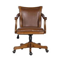 Homylin Home Furniture Deluxe Wood Bankers Desk Chair with Faux Leather Padded Seat and Back, Adjustable Height, Swivel Seat and Rolling Wheels, Brown