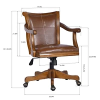 Homylin Home Furniture Deluxe Wood Bankers Desk Chair with Faux Leather Padded Seat and Back, Adjustable Height, Swivel Seat and Rolling Wheels, Brown