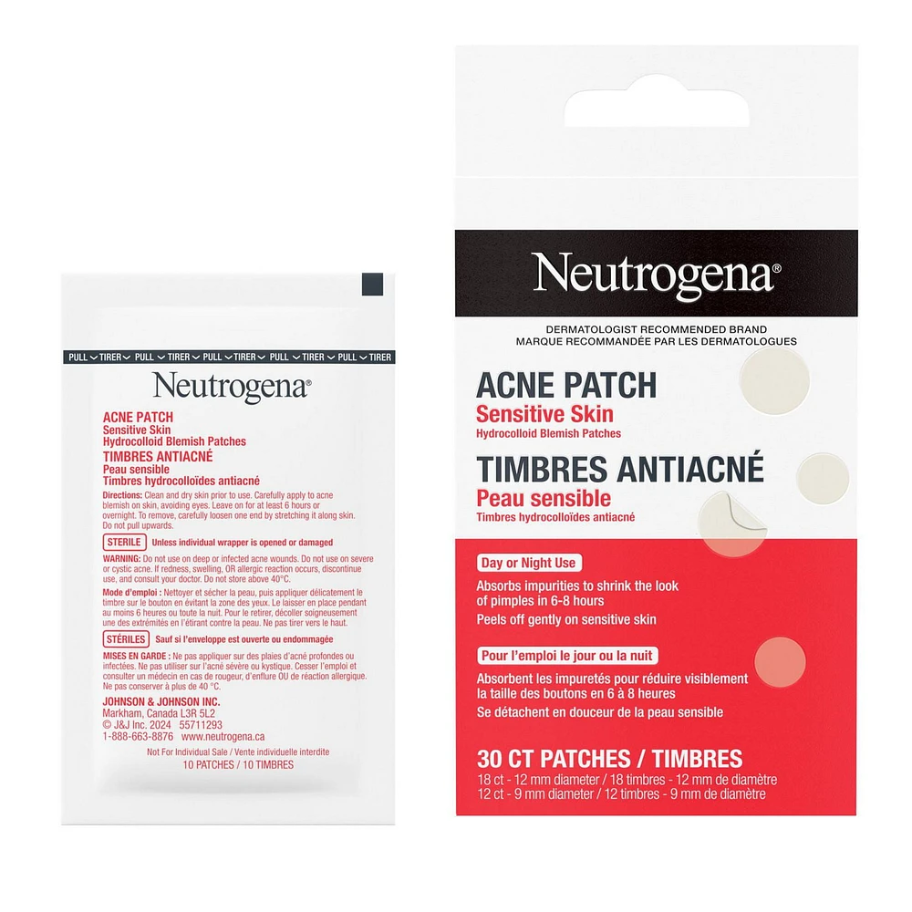 Ensemble de timbres anti-acné Neutrogena pour peau sensible, timbres anti-imperfections hydrocolloïdes qui diminuent l’apparence des boutons et des points noirs durant la nuit, timbres doux pour le visage, non médicamenteux, deux formats 30 timbres
