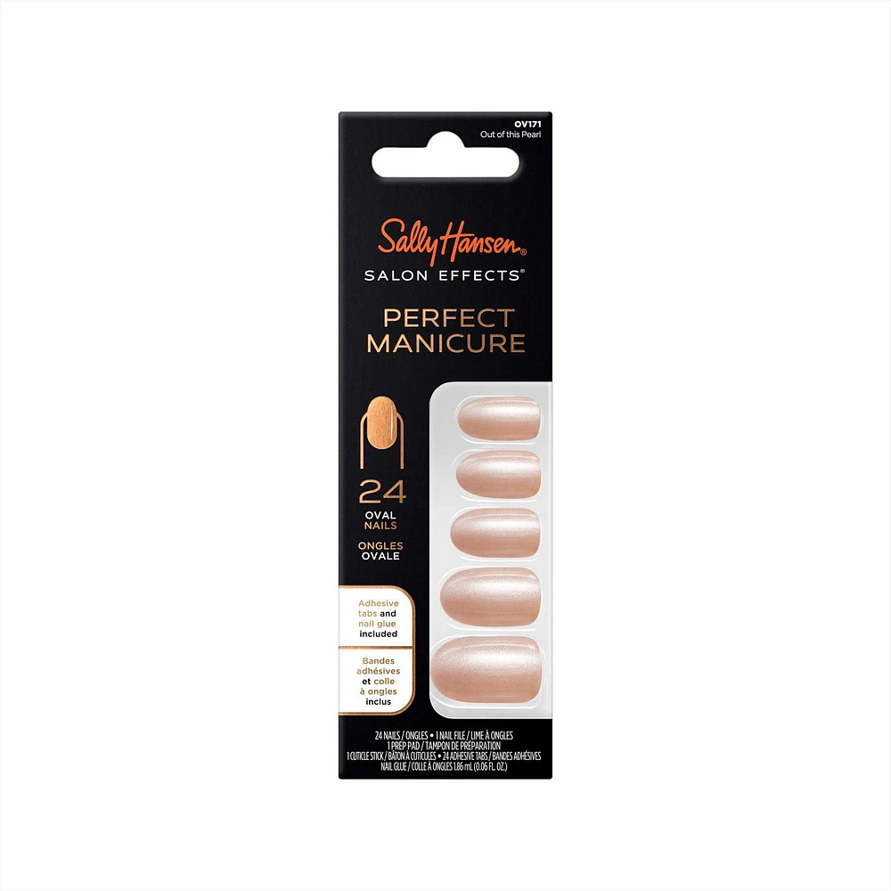Sally Hansen - Salon Effects® Perfect Manicure™ Ongles prêts à porter premium modèle ovale - inclut 24 faux ongles premium , une lime à ongles, un bâtonnet en bois, un tampon de préparation, des languettes adhésives et de la colle à ongles.