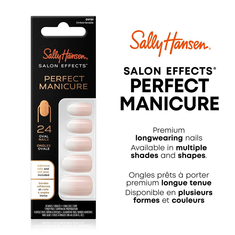 Sally Hansen - Salon Effects® Perfect Manicure™ Ongles prêts à porter premium modèle ovale - inclut 24 faux ongles premium , une lime à ongles, un bâtonnet en bois, un tampon de préparation, des languettes adhésives et de la colle à ongles.