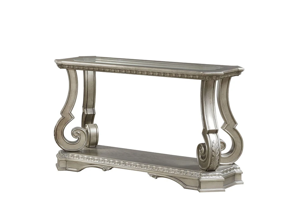 ACME Northville Sofa Table in Antique Silver & Clear Glass