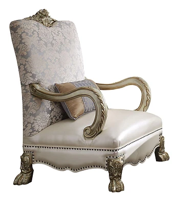 ACME Dresden II Accent Chair w/1 Pillow in Pearl PU/Fabric & Gold Patina