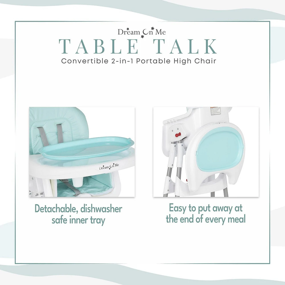 Dream On Me Portable 2 In 1 Table Talk High Chair |Convertible |Compact High Chair |Light Weight Portable Highchair