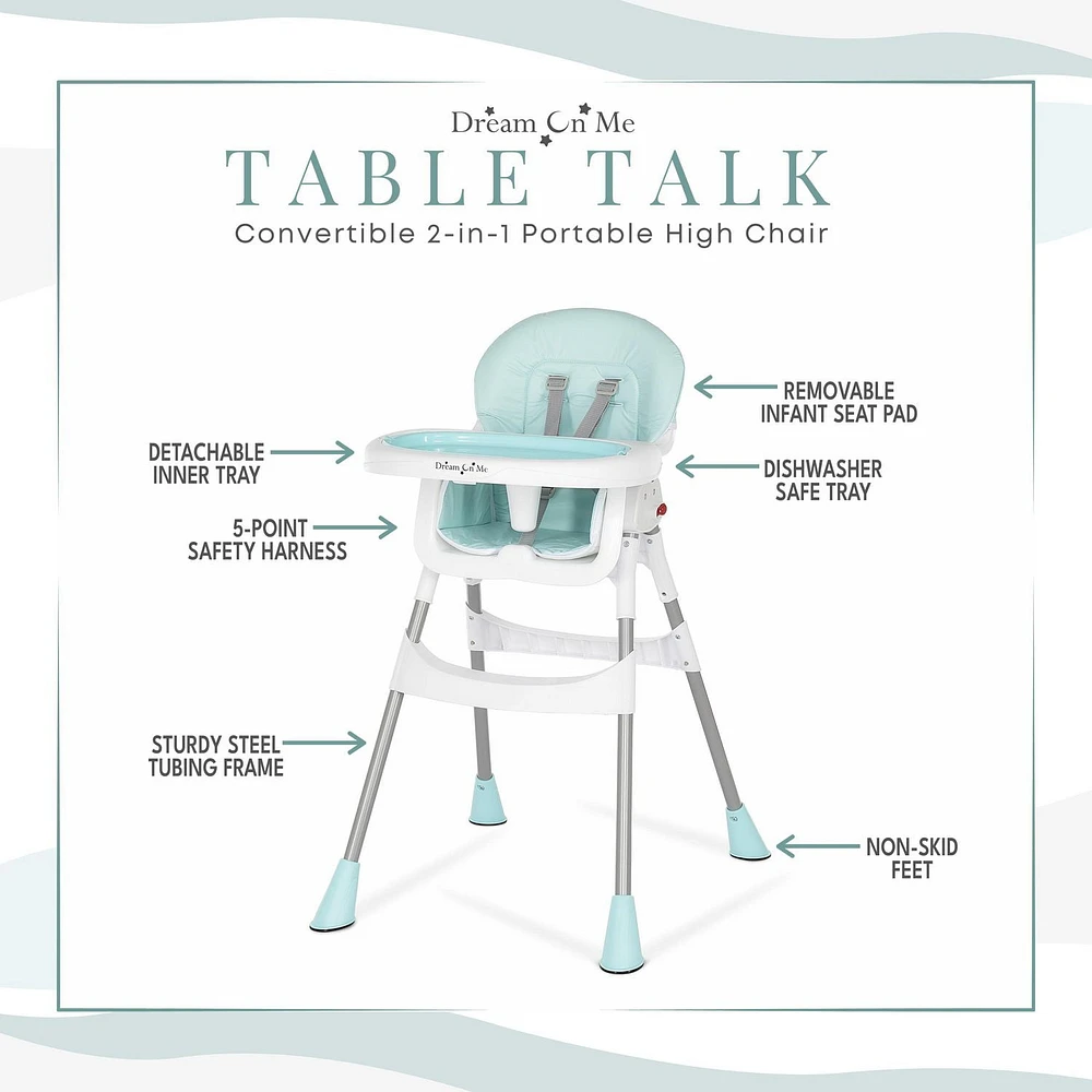 Dream On Me Portable 2 In 1 Table Talk High Chair |Convertible |Compact High Chair |Light Weight Portable Highchair