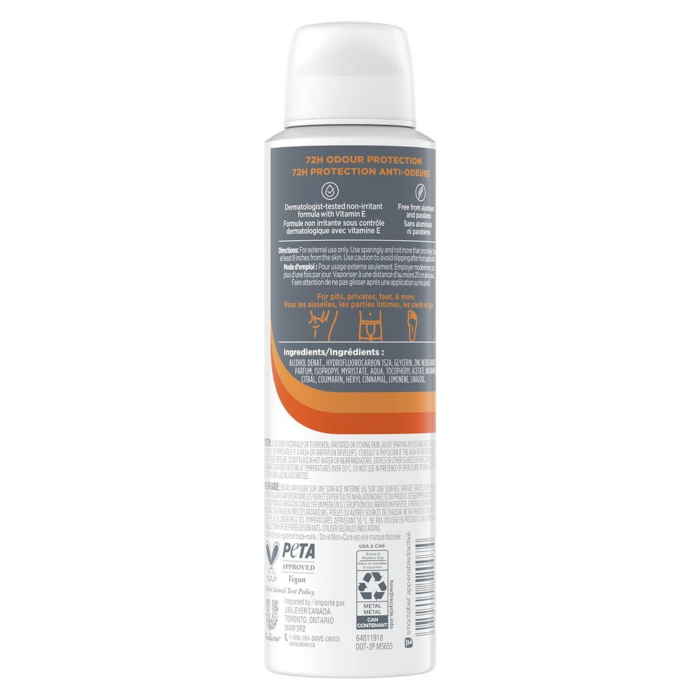 Le déodorant en vaporisateur sans aluminium est adapté pour une utilisation sous les aisselles, sur les parties intimes*, et sur les pieds Dove Men+Care pour tout le corps Beurre de karité + cèdre avec de la vitamine E