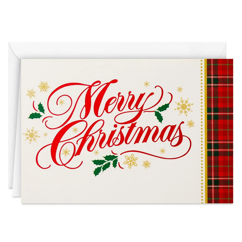 Image Arts Red Script and Plaid Border Boxed Christmas Cards, Pack of 28