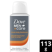 Le déodorant en vaporisateur sans aluminium est adapté pour une utilisation sous les aisselles, sur les parties intimes*, et sur les pieds Dove Men+Care pour tout le corps Beurre de karité + cèdre avec de la vitamine E