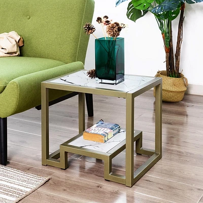 Homylin Modern Rectangle Side Table, End Table with Marble Effect Top and Gold Metal Frame, Small Side Table for Living Room, Bedroom, Sofa and Couch, White