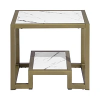 Homylin Modern Rectangle Side Table, End Table with Marble Effect Top and Gold Metal Frame, Small Side Table for Living Room, Bedroom, Sofa and Couch, White