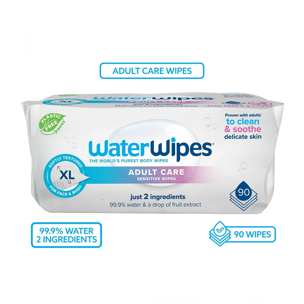 WaterWipes Adult Care, 99.9% Water Based Sensitive Wipes, 3 Resealable Packs (90 Wipes), WaterWipes Adult Care 90ct