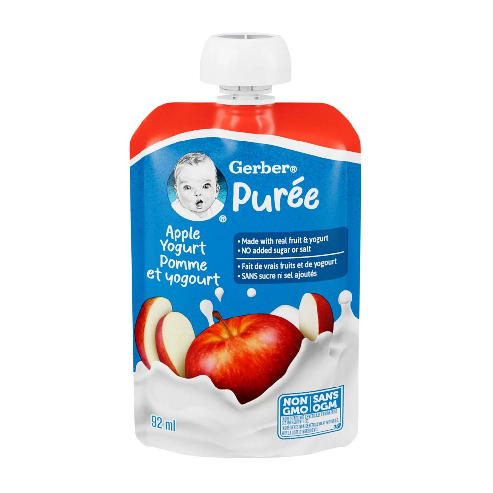 GERBER Apple Yogurt Purée, Made With Real Fruit and Yogurt, For Babies and Toddlers, No Added Sugar, No Added Salt, Non-GMO, Resealable Pouch w/Spout, 92mL