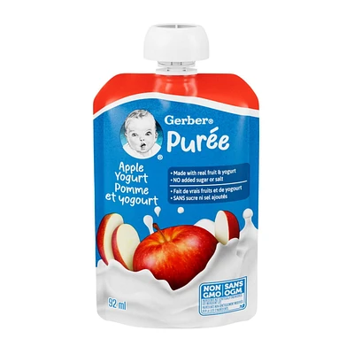 GERBER Apple Yogurt Purée, Made With Real Fruit and Yogurt, For Babies and Toddlers, No Added Sugar, No Added Salt, Non-GMO, Resealable Pouch w/Spout, 92mL