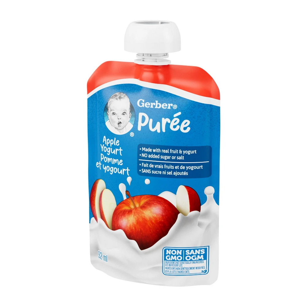 GERBER Apple Yogurt Purée, Made With Real Fruit and Yogurt, For Babies and Toddlers, No Added Sugar, No Added Salt, Non-GMO, Resealable Pouch w/Spout, 92mL