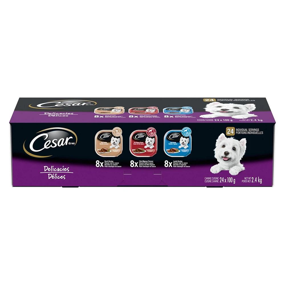 Nourriture humide pour chiens adultes CESAR pain classique en sauce Délices - format variété 24x100g
