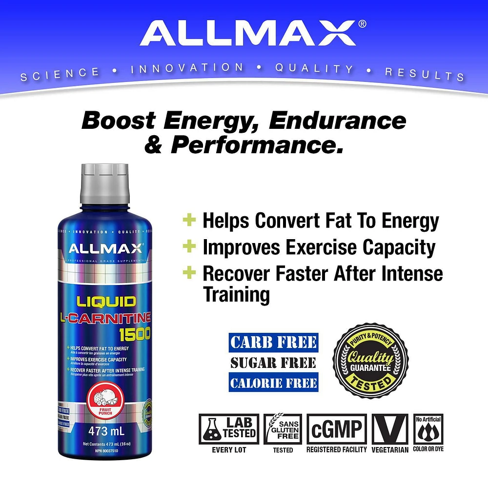 Allmax L-Carnitine Liquid 473 mL Fruit Punch, Stimulant Free convert fat to energy